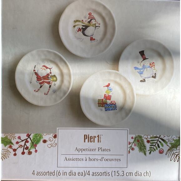 Pier 1 Imports Holiday Appetizer Plates Set Four NEW NIB Christmas Santa Snowman - Picture 1 of 7